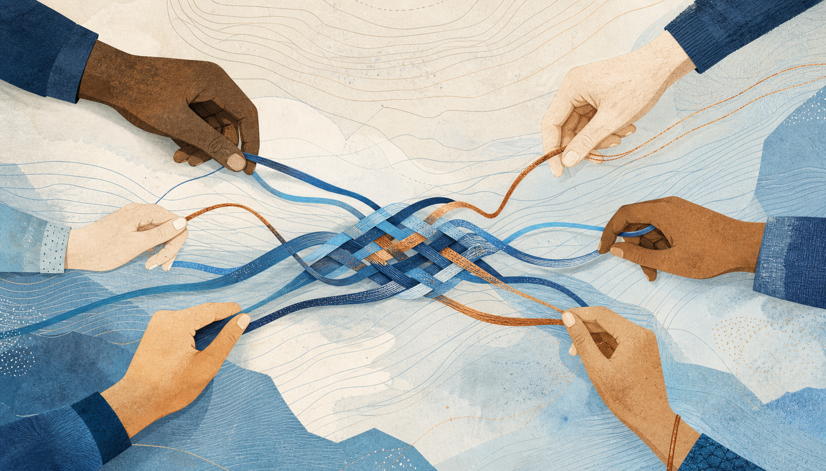 Editorial artwork of diverse hands working with interwoven blue and copper paths over map-like contours